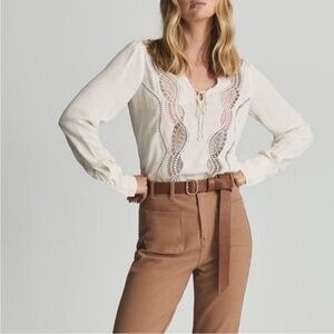 REISS Faith Lace Trim Blouse | Embroidered Long Sleeve | Scalloped Tie Neck | 6